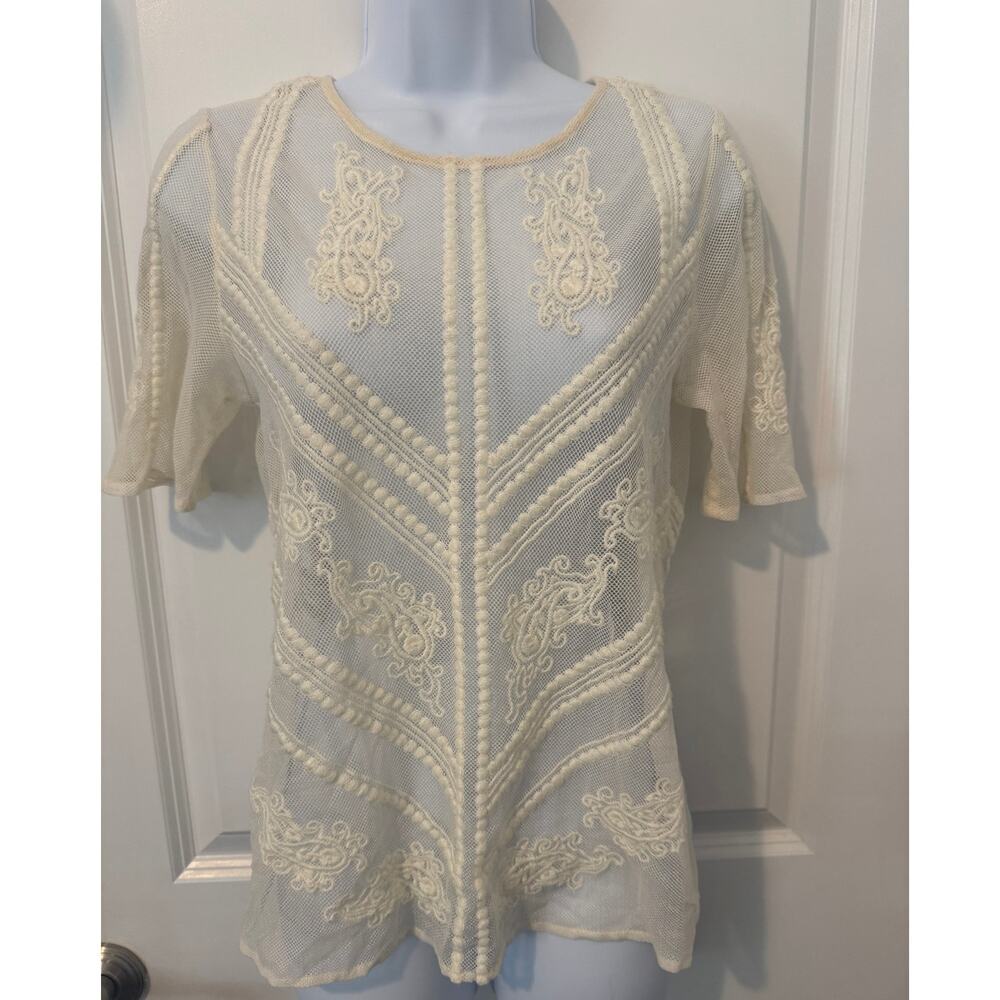 LUCKY BRAND floral lace short sleeve sheer blouse- size XS